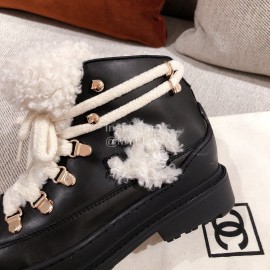 Chanel Winter Fur Lace Up Boots Black