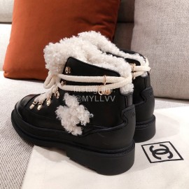 Chanel Winter Fur Lace Up Boots Black