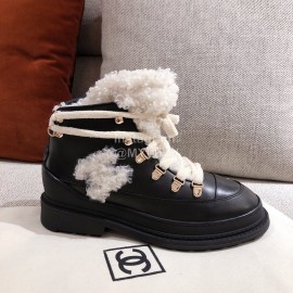 Chanel Winter Fur Lace Up Boots Black