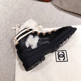 Chanel Winter Fur Lace Up Boots Black