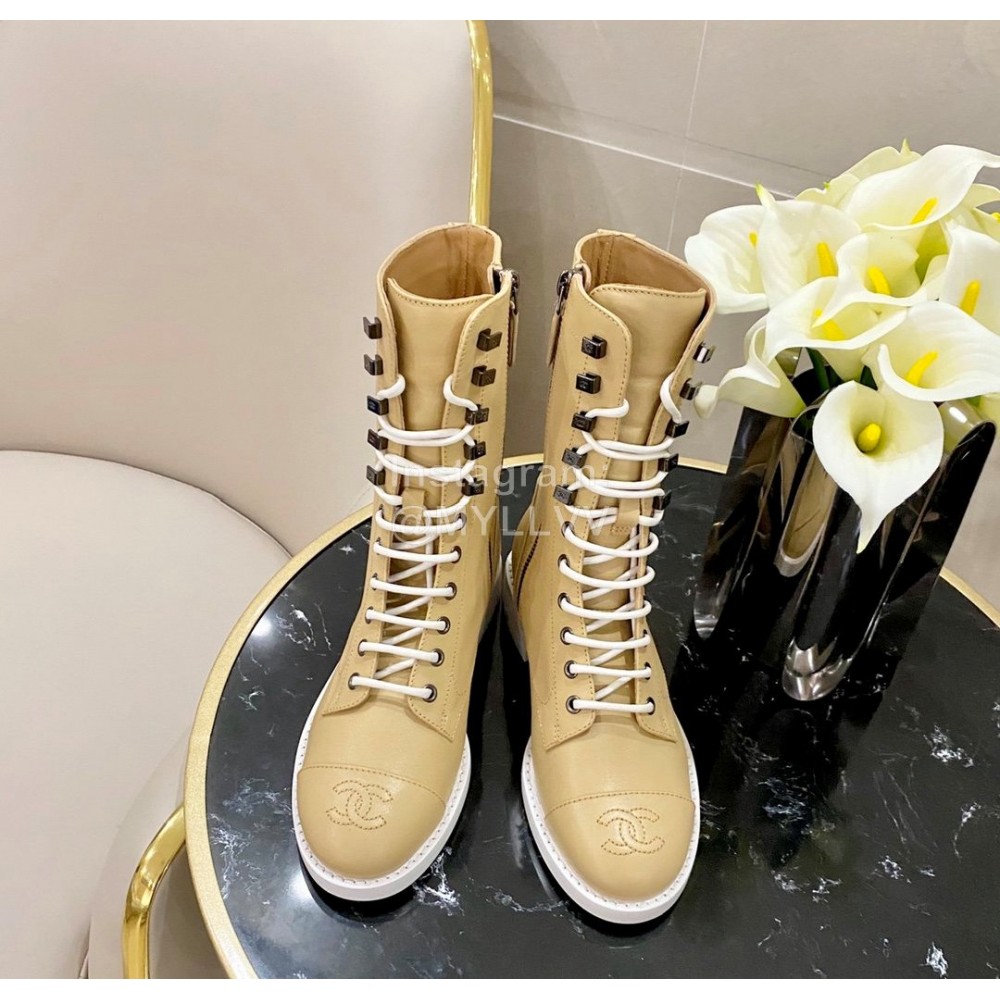 Chanel Calfskin Lace Up High Boots Khaki