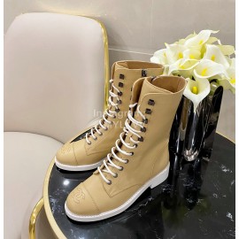 Chanel Calfskin Lace Up High Boots Khaki