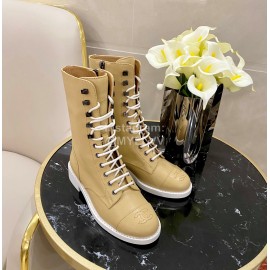 Chanel Calfskin Lace Up High Boots Khaki