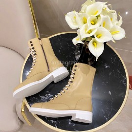 Chanel Calfskin Lace Up High Boots Khaki