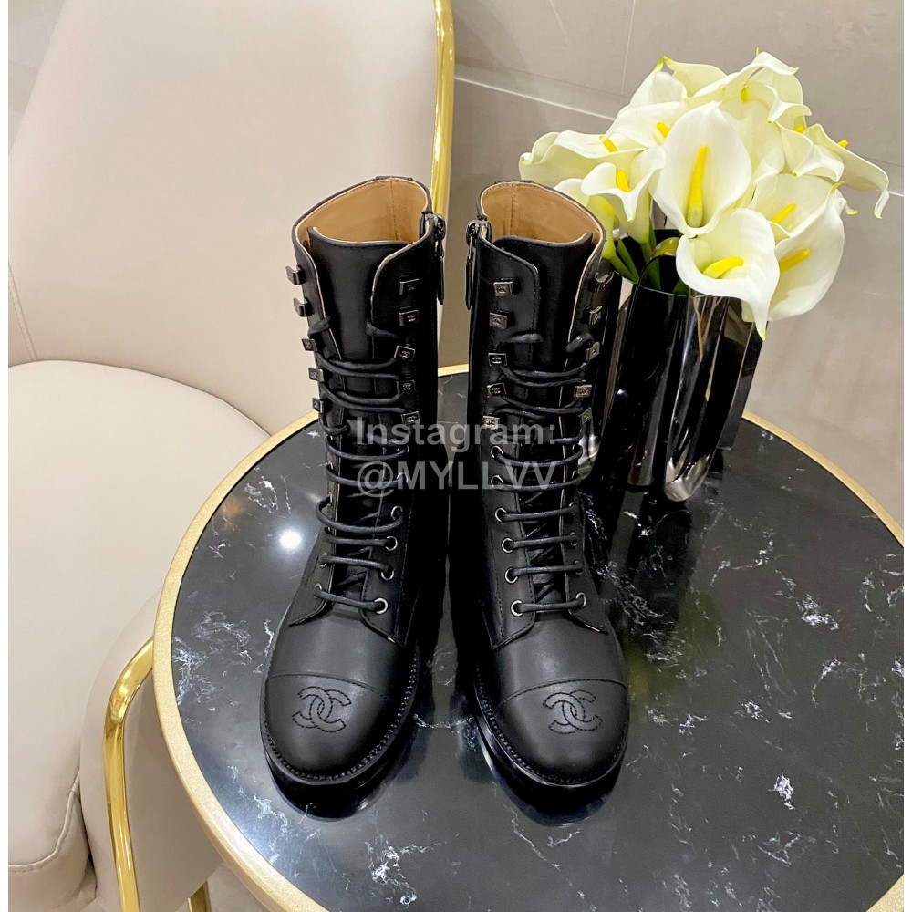Chanel Calfskin Lace Up High Boots Black