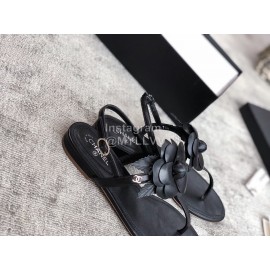 Chanel Camellia Flat Toe Sandals Black