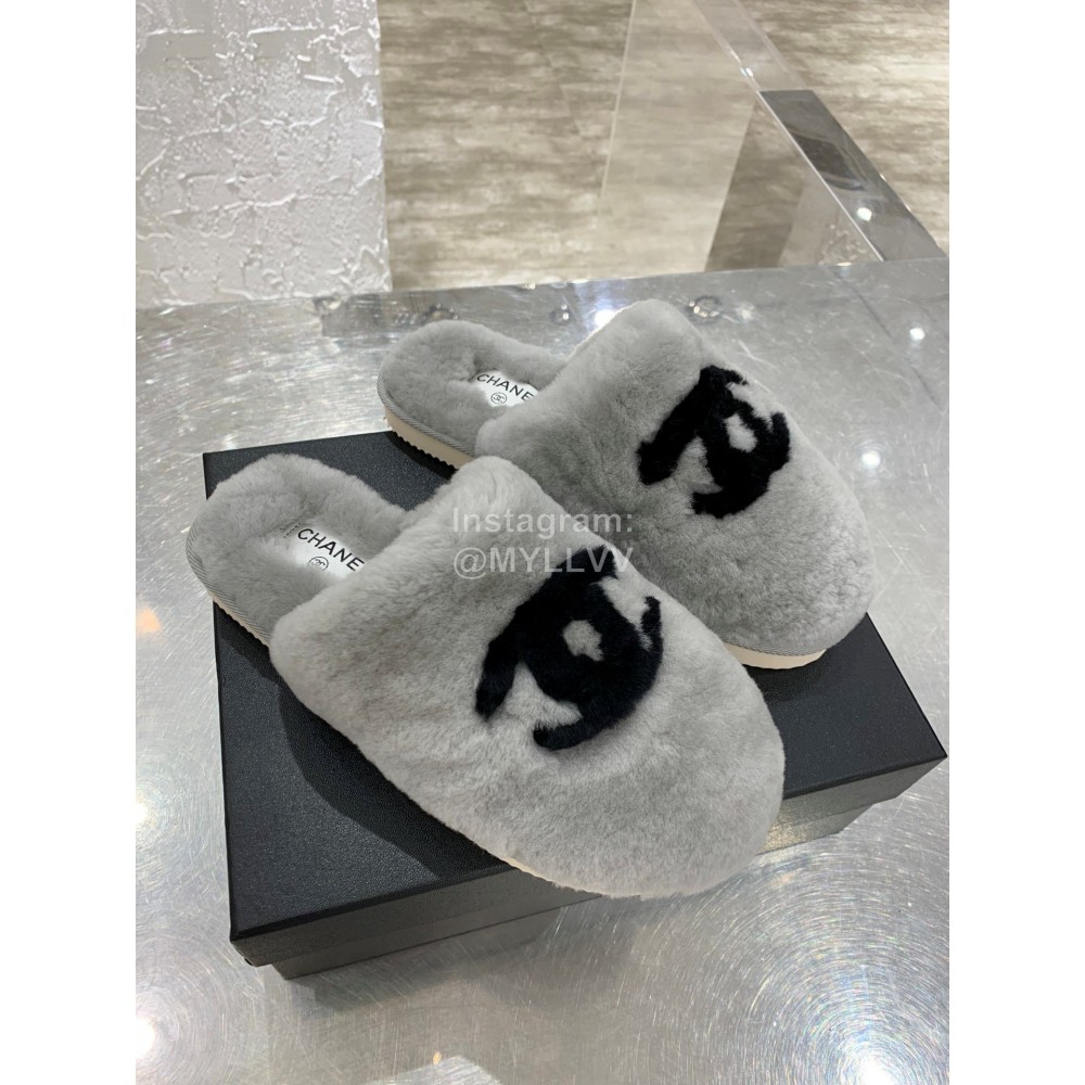 Chanel Winter Wool Slippers Gray