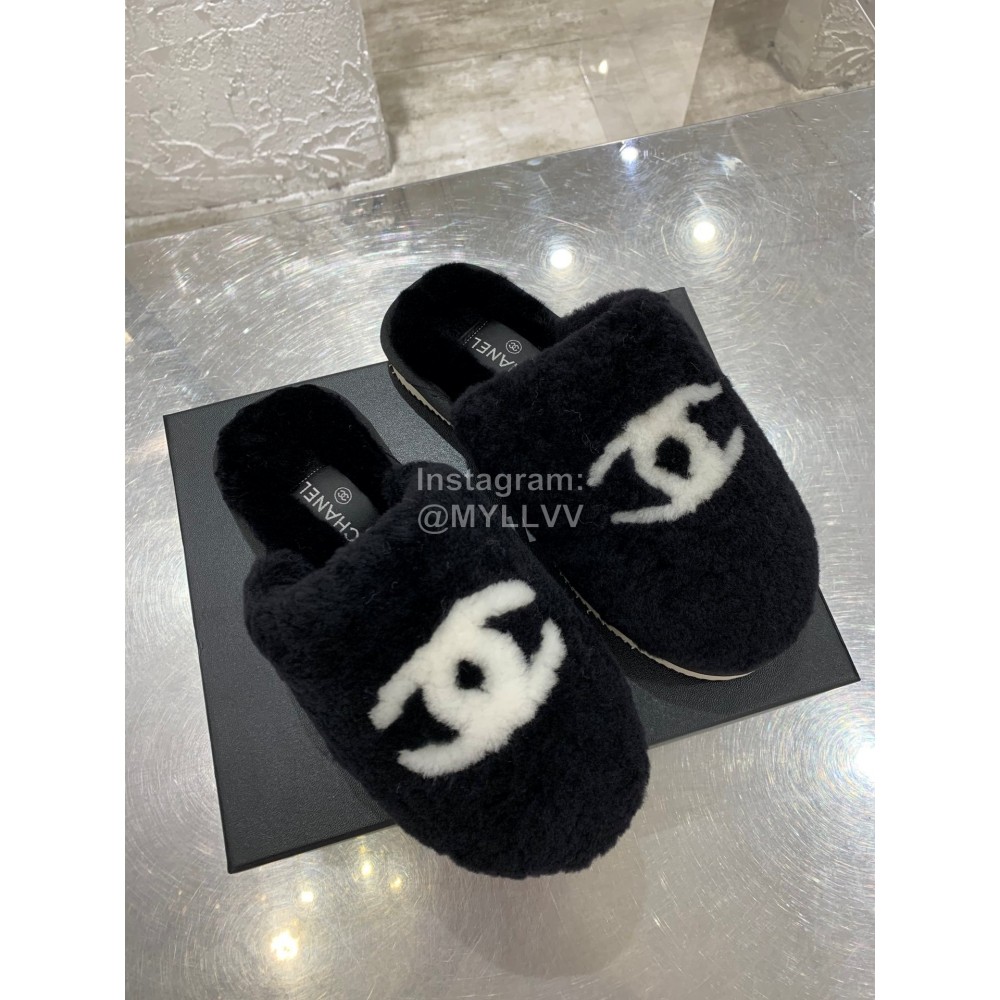 Chanel Winter Wool Slippers Black