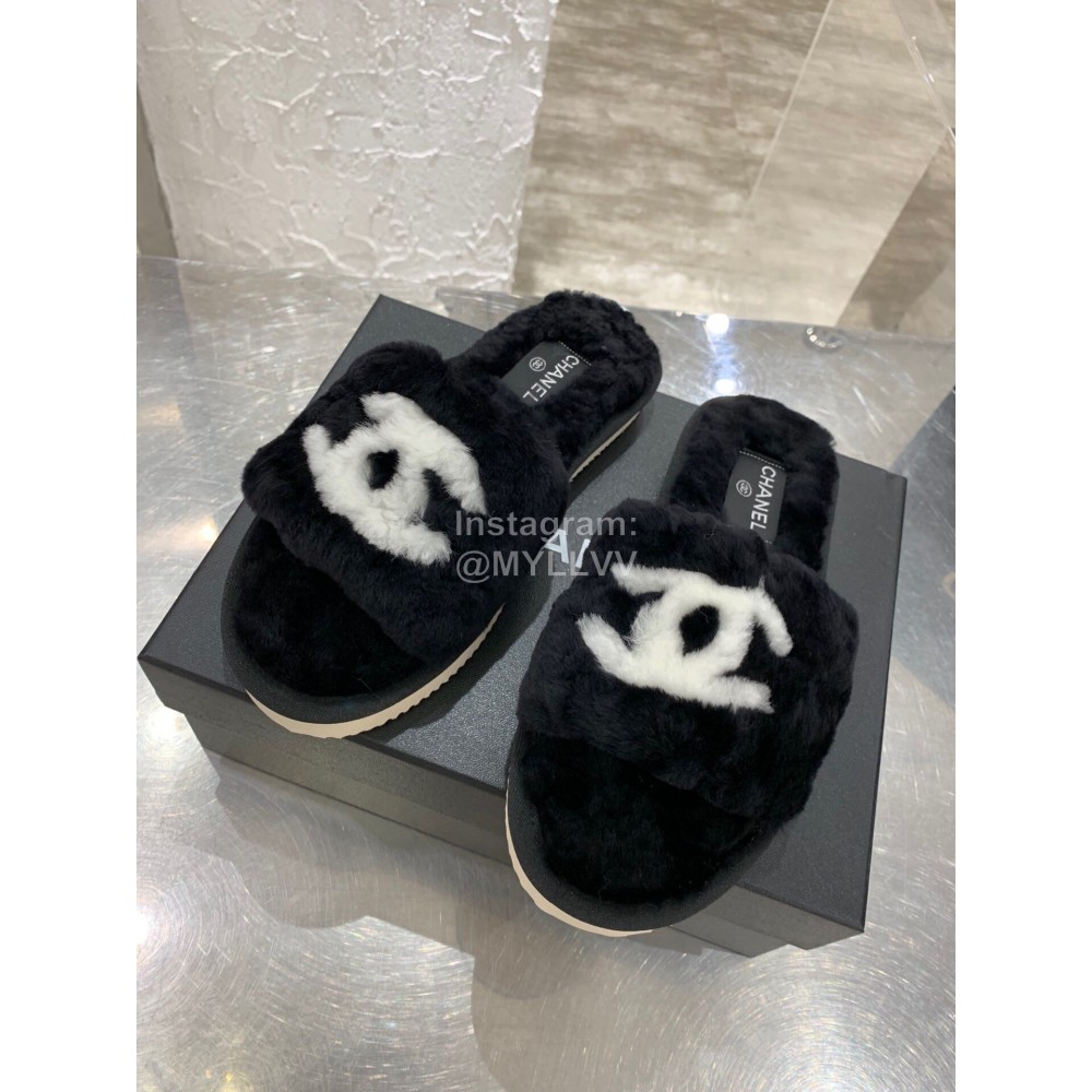 Chanel Winter Wool Slippers For Women Black