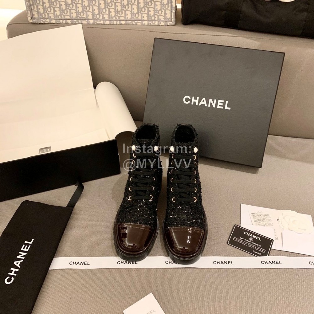 Chanel Woollen Leather Boots Black