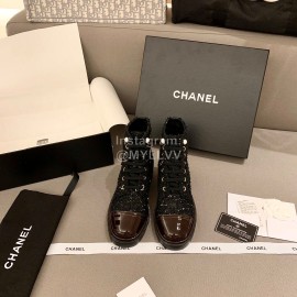 Chanel Woollen Leather Boots Black