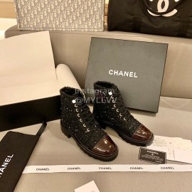 Chanel Woollen Leather Boots Black