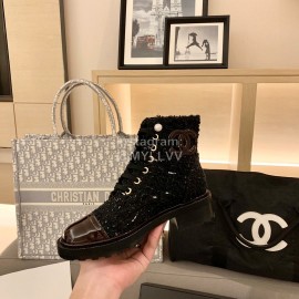 Chanel Woollen Leather Boots Black