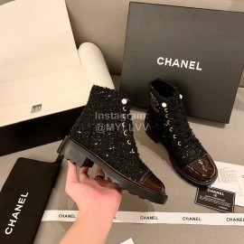 Chanel Woollen Leather Boots Black