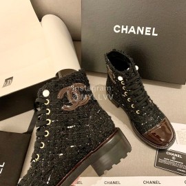 Chanel Woollen Leather Boots Black