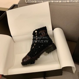 Chanel Woollen Leather Boots Black