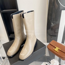 Chanel Camellia Cowhide Long Boots For Women Apricot