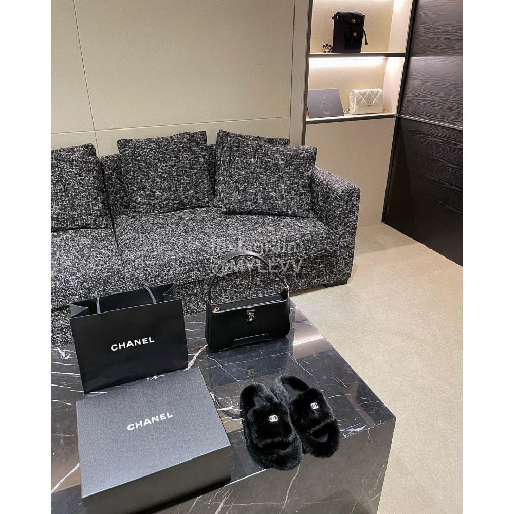 Chanel Winter Soft Fur Slippers For Women Black
