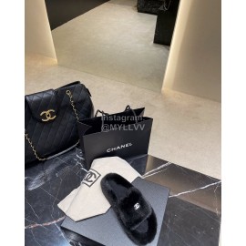 Chanel Winter Soft Fur Slippers For Women Black