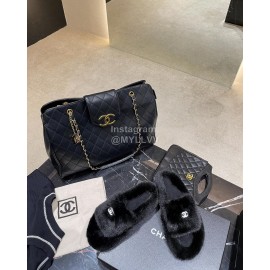 Chanel Winter Soft Fur Slippers For Women Black