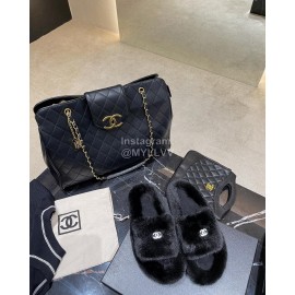 Chanel Winter Soft Fur Slippers For Women Black