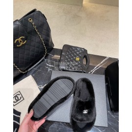 Chanel Winter Soft Fur Slippers For Women Black