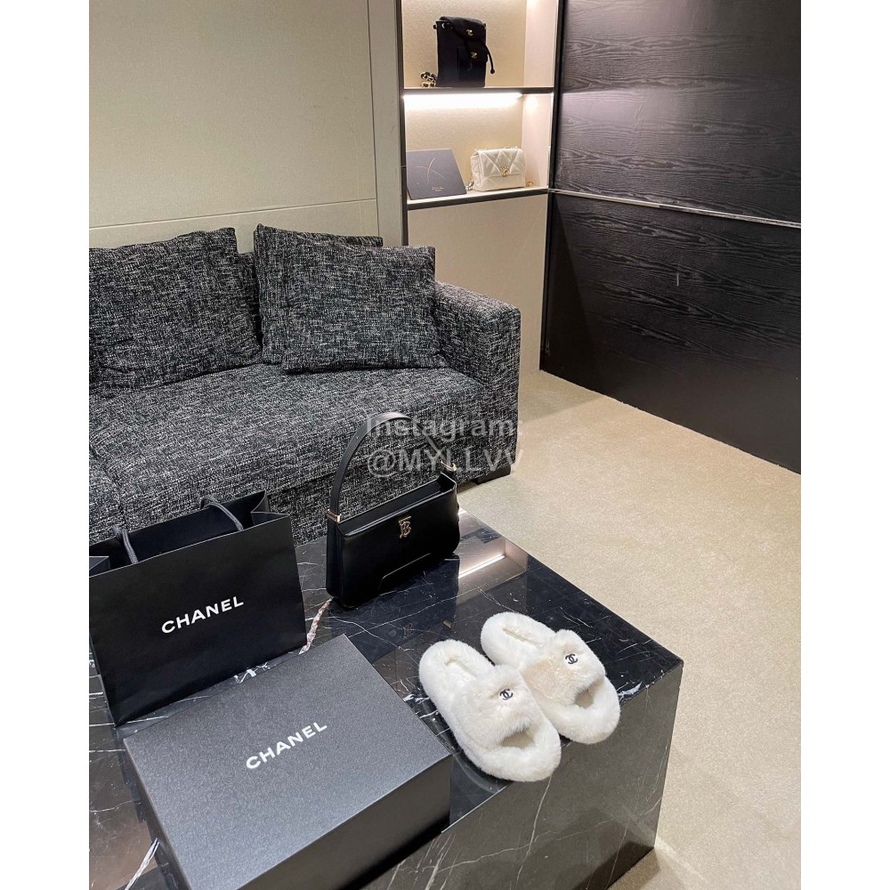Chanel Winter Soft Fur Slippers For Women White