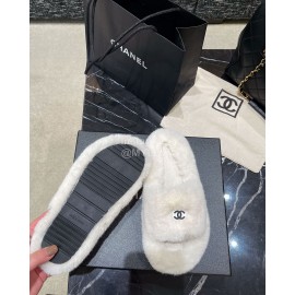 Chanel Winter Soft Fur Slippers For Women White