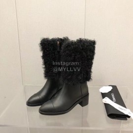 Chanel Black Wool Cowhide High Heel Boots For Women Black