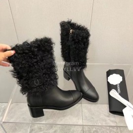 Chanel Black Wool Cowhide High Heel Boots For Women Black