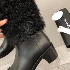 Chanel Black Wool Cowhide High Heel Boots For Women Black