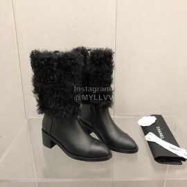 Chanel Black Wool Cowhide High Heel Boots For Women Black