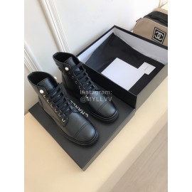 Chanel Autumn Cowhide Lace Up Pearl Motorcycle Boots For Women Black