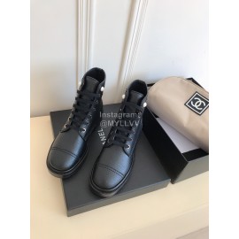 Chanel Autumn Cowhide Lace Up Pearl Motorcycle Boots For Women Black