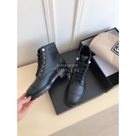 Chanel Autumn Cowhide Lace Up Pearl Motorcycle Boots For Women Black