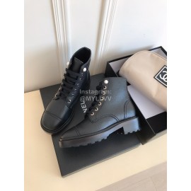 Chanel Autumn Cowhide Lace Up Pearl Motorcycle Boots For Women Black