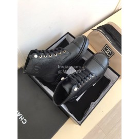 Chanel Autumn Cowhide Lace Up Pearl Motorcycle Boots For Women Black