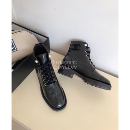 Chanel Autumn Cowhide Lace Up Pearl Motorcycle Boots For Women