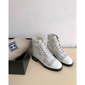 Chanel Woolen Cloth Cowhide Lace Up Pearl Motorcycle Boots For Women