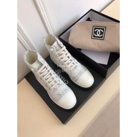 Chanel Woolen Cloth Cowhide Lace Up Pearl Motorcycle Boots For Women