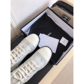 Chanel Woolen Cloth Cowhide Lace Up Pearl Motorcycle Boots For Women