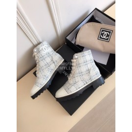 Chanel Woolen Cloth Cowhide Lace Up Pearl Motorcycle Boots For Women
