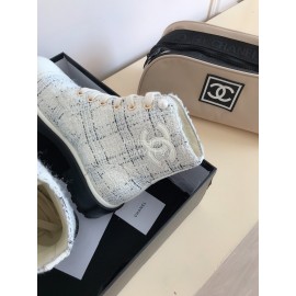 Chanel Woolen Cloth Cowhide Lace Up Pearl Motorcycle Boots For Women