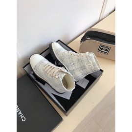 Chanel Woolen Cloth Cowhide Lace Up Pearl Motorcycle Boots For Women