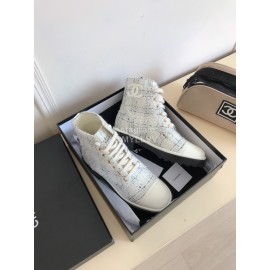 Chanel Woolen Cloth Cowhide Lace Up Pearl Motorcycle Boots For Women