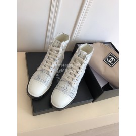 Chanel Woolen Cloth Cowhide Lace Up Pearl Motorcycle Boots For Women