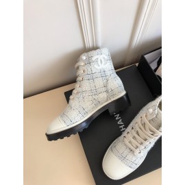 Chanel Woolen Cloth Cowhide Lace Up Pearl Motorcycle Boots For Women