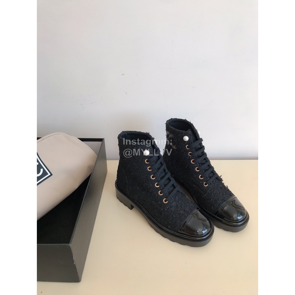Chanel Woolen Cloth Cowhide Lace Up Pearl Motorcycle Boots For Women Black