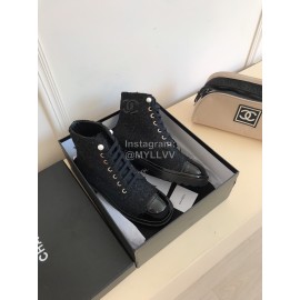 Chanel Woolen Cloth Cowhide Lace Up Pearl Motorcycle Boots For Women Black