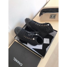 Chanel Woolen Cloth Cowhide Lace Up Pearl Motorcycle Boots For Women Black